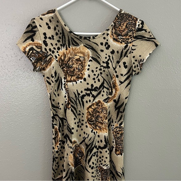 Vintage La Fete Ribbed Button Front Midi Dress Lion Tiger Animal Print Size M - Picture 6 of 8
